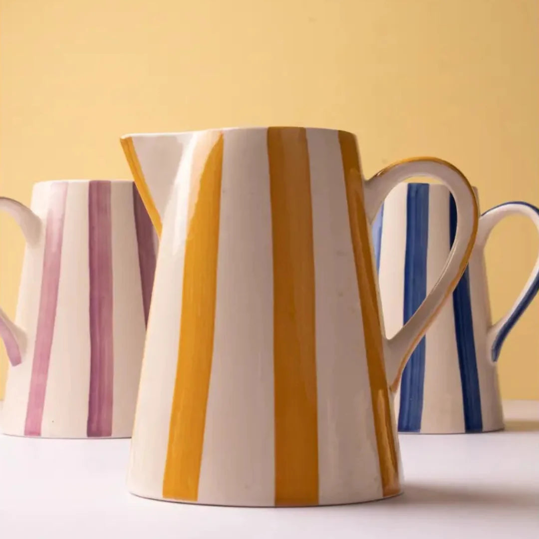 Ceramic Stripe Pitcher, yellow- 8.25 x 8.25 x 8 Inches